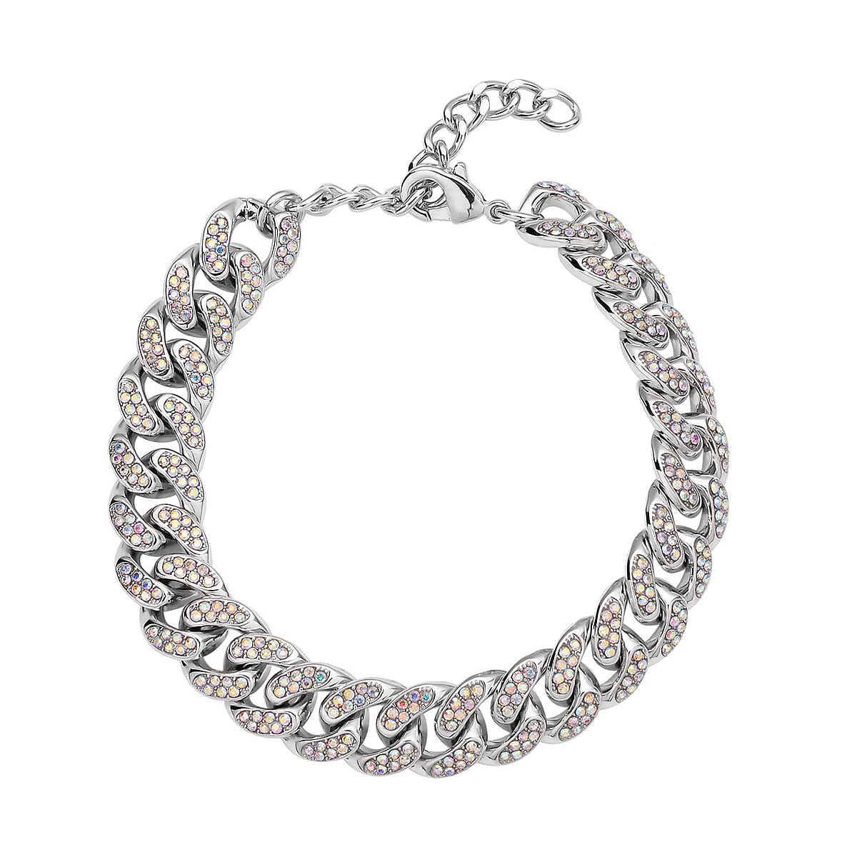 White Aurora Borealis Austrian Crystal Curb Link Chain Bracelet in Silvertone (7.50-9.50In) image number 0