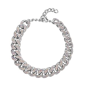 White Aurora Borealis Austrian Crystal Curb Link Chain Bracelet in Silvertone (7.50-9.50In)