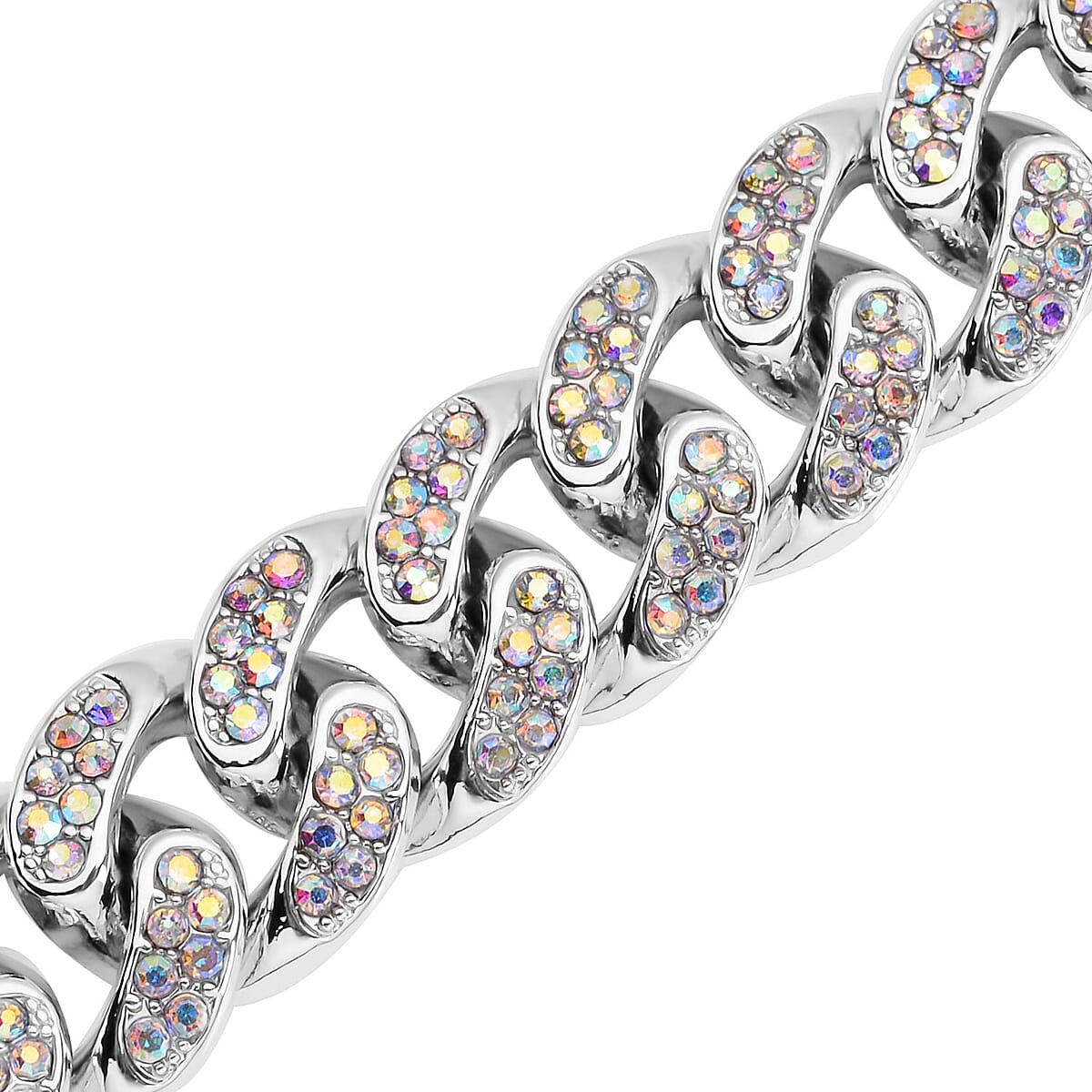 White Aurora Borealis Austrian Crystal Curb Link Chain Bracelet in Silvertone (7.50-9.50In) image number 3