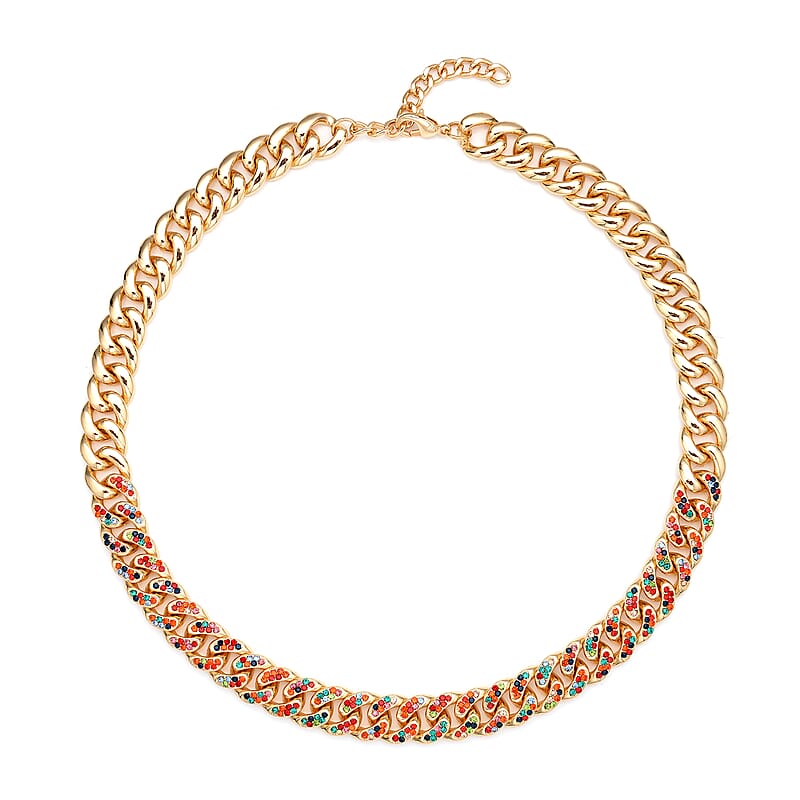 Multi Color Austrian Crystal Curb Link Chain Necklace 18-22 Inches in Goldtone