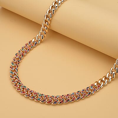 Multi Color Austrian Crystal Curb Link Chain Necklace 18-22 Inches in Goldtone