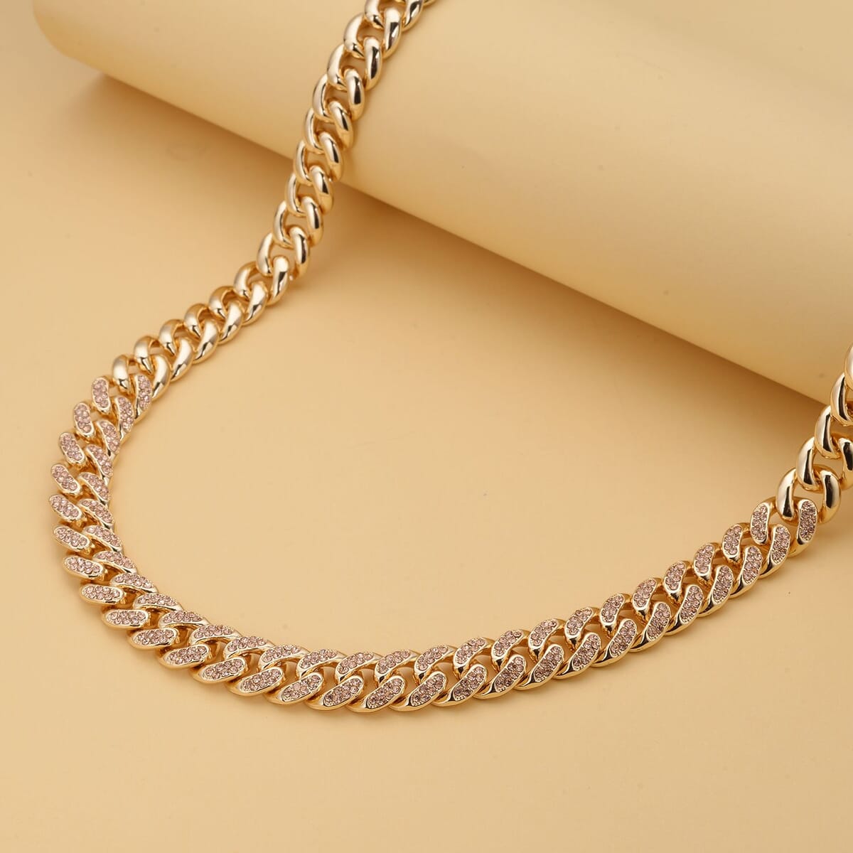 Champagne Austrian Crystal Curb Link Chain Necklace 18-22 Inches in Goldtone image number 1