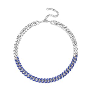 Blue Austrian Crystal Curb Link Chain Necklace 18-22 Inches in Silvertone