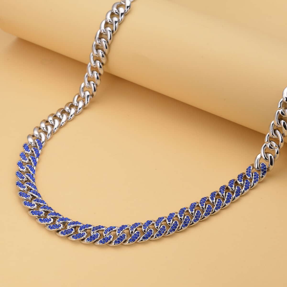 Blue Austrian Crystal Curb Link Chain Necklace 18-22 Inches in Silvertone image number 1