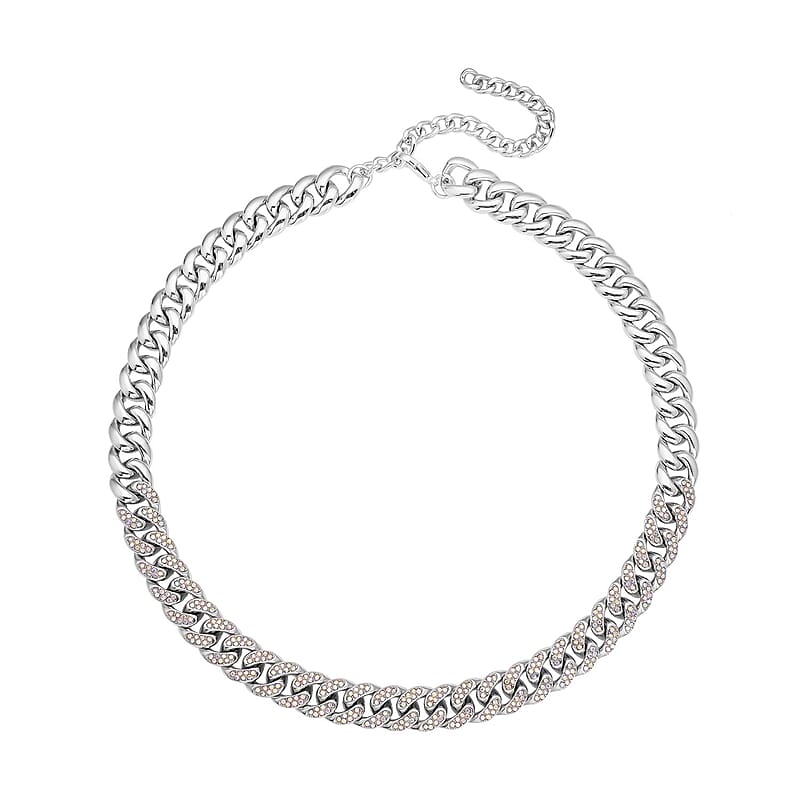 White Aurora Borealis Austrian Crystal Curb Link Chain Necklace 18-22 Inches in Silvertone