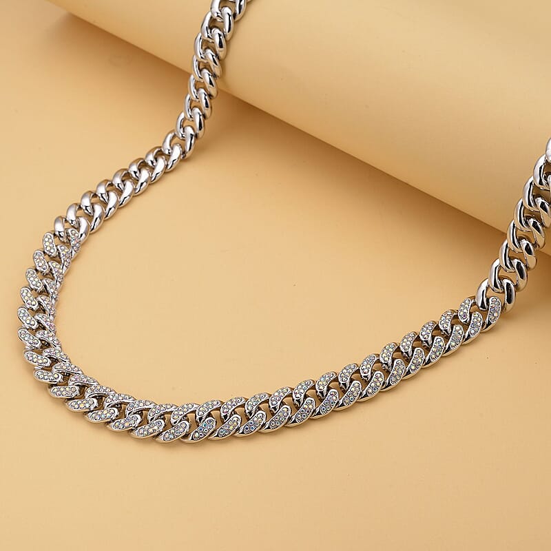 White Aurora Borealis Austrian Crystal Curb Link Chain Necklace 18-22 Inches in Silvertone