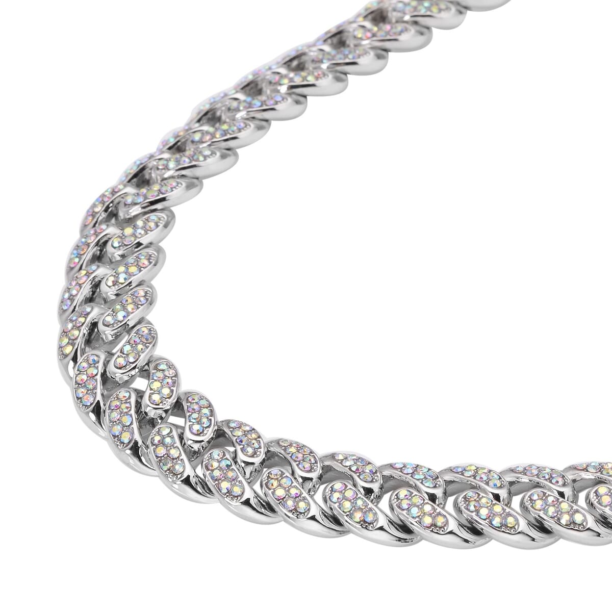 White Aurora Borealis Austrian Crystal Curb Link Chain Necklace 18-22 Inches in Silvertone image number 2
