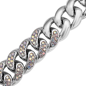White Aurora Borealis Austrian Crystal Curb Link Chain Necklace 18-22 Inches in Silvertone