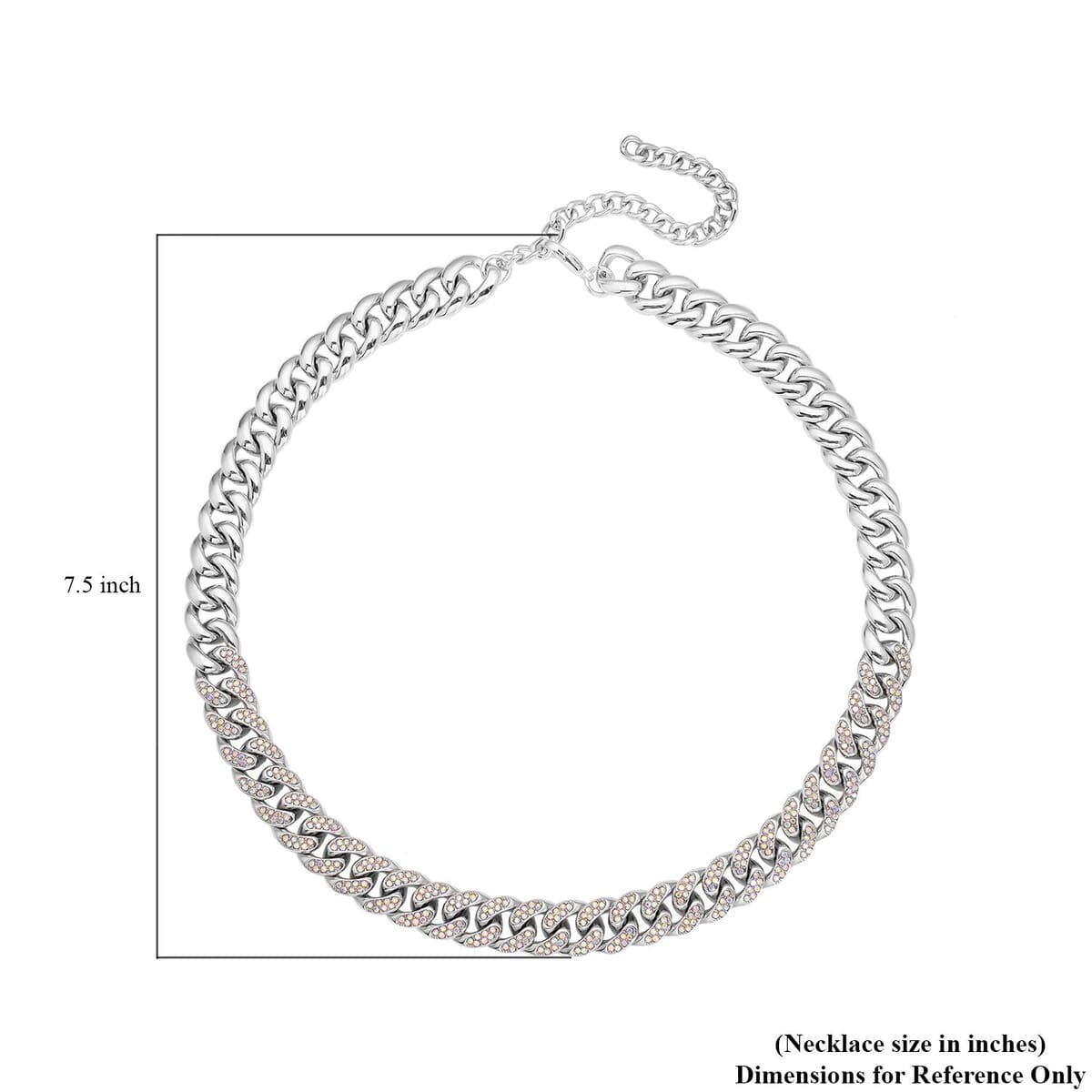 White Aurora Borealis Austrian Crystal Curb Link Chain Necklace 18-22 Inches in Silvertone image number 4
