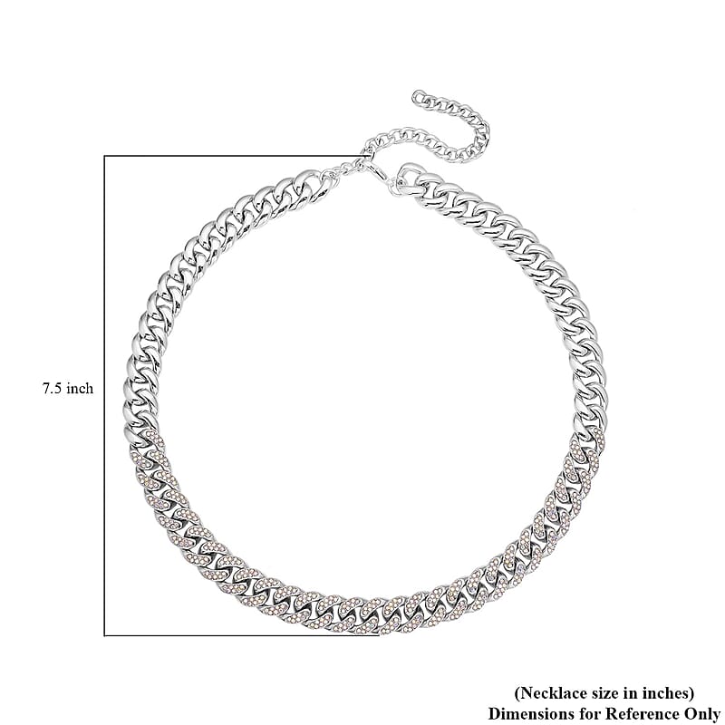 White Aurora Borealis Austrian Crystal Curb Link Chain Necklace 18-22 Inches in Silvertone