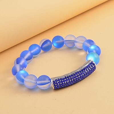 Blue Aurora Borealis Glass and Blue Austrian Crystal Boho Style Bracelet in Silvertone (7.0-7.75In)