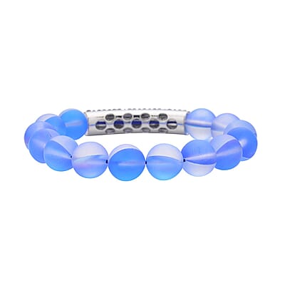 Blue Aurora Borealis Glass and Blue Austrian Crystal Boho Style Bracelet in Silvertone (7.0-7.75In)