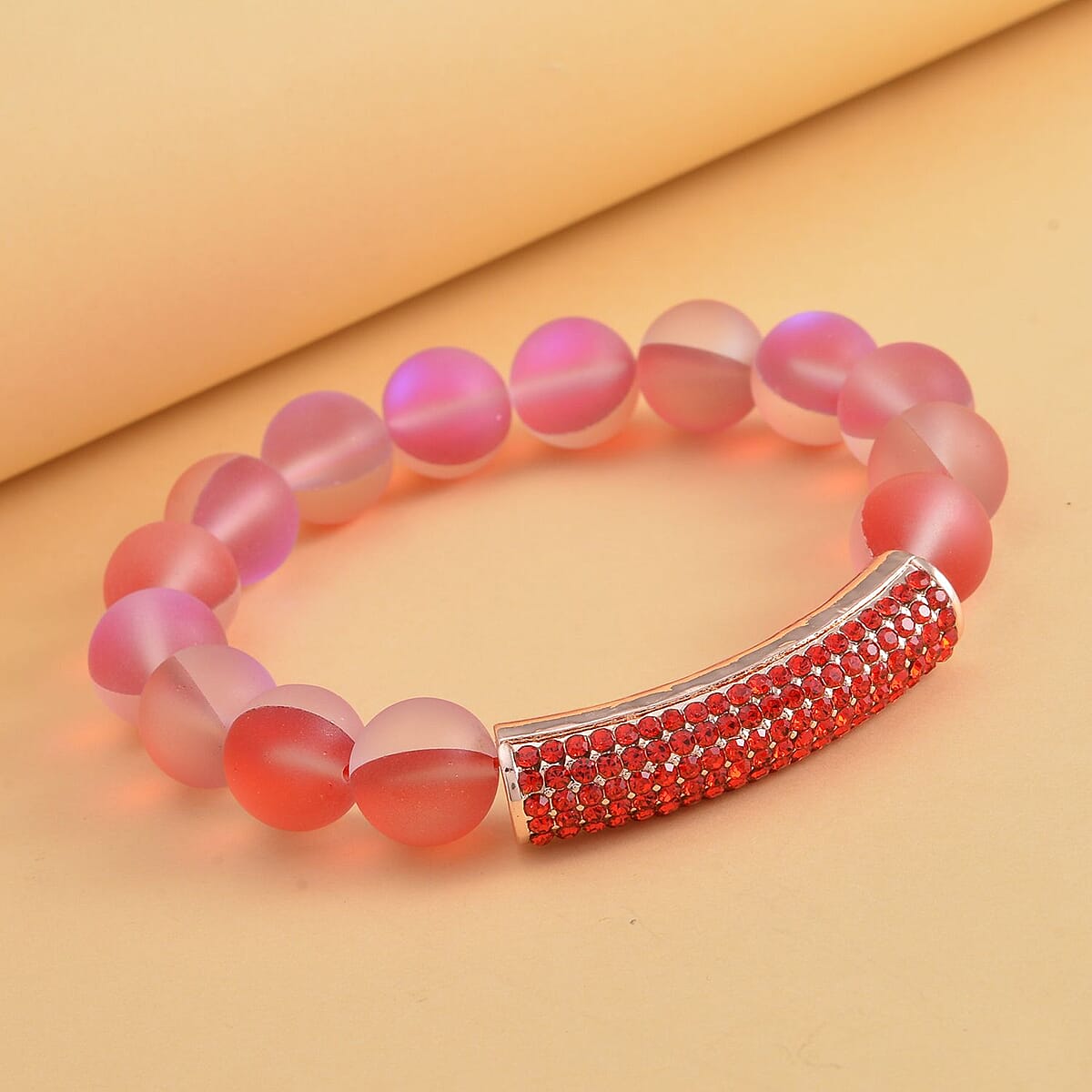 Red Aurora Borealis Glass and Red Austrian Crystal Boho Style Bracelet in Rosetone (7.0-7.75In) image number 1