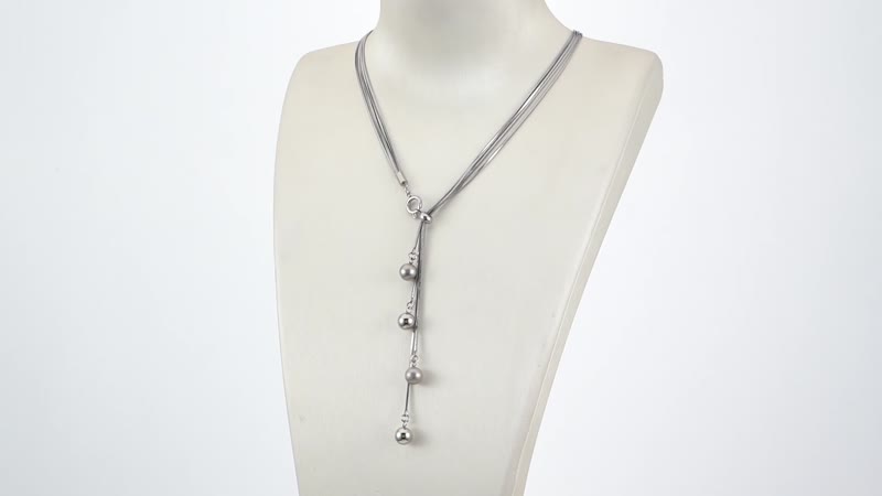 Lariat Necklace 24-28 Inches with Textured Metallic Balls in Stainless Steel 27.50 Grams