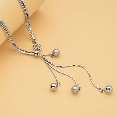 Lariat Necklace (24-26 Inches) with Textured Metallic Balls in Stainless Steel (27.50 g) | Tarnish-Free, Waterproof, Sweat Proof Jewelry