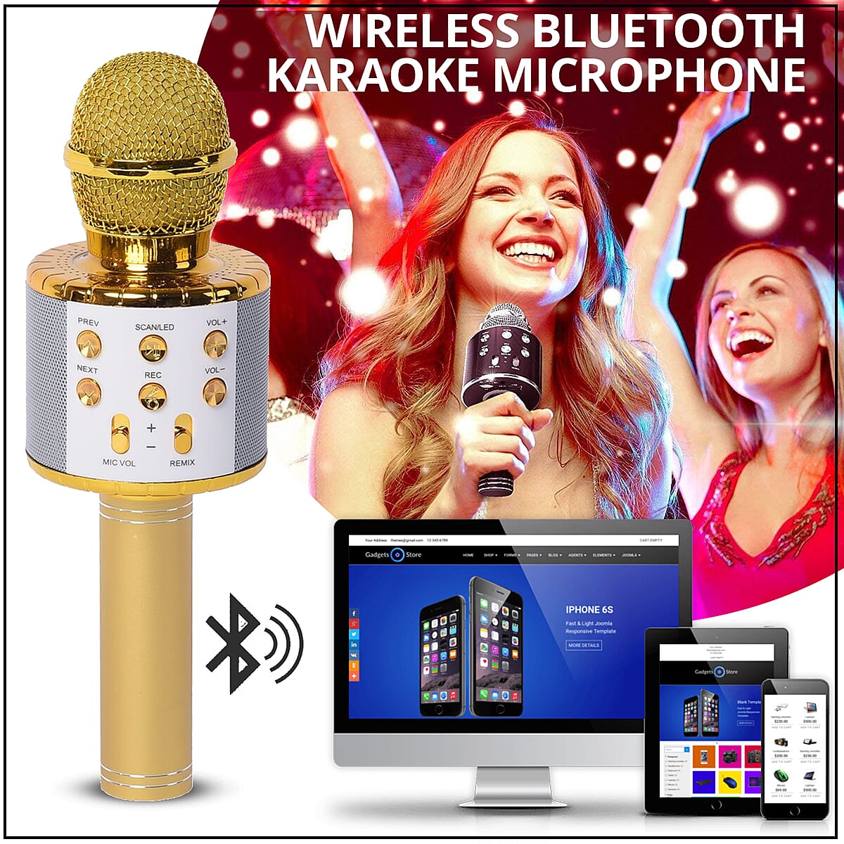 Gold Wireless Bluetooth Karaoke Microphone with LED Lights and USB Charger image number 1
