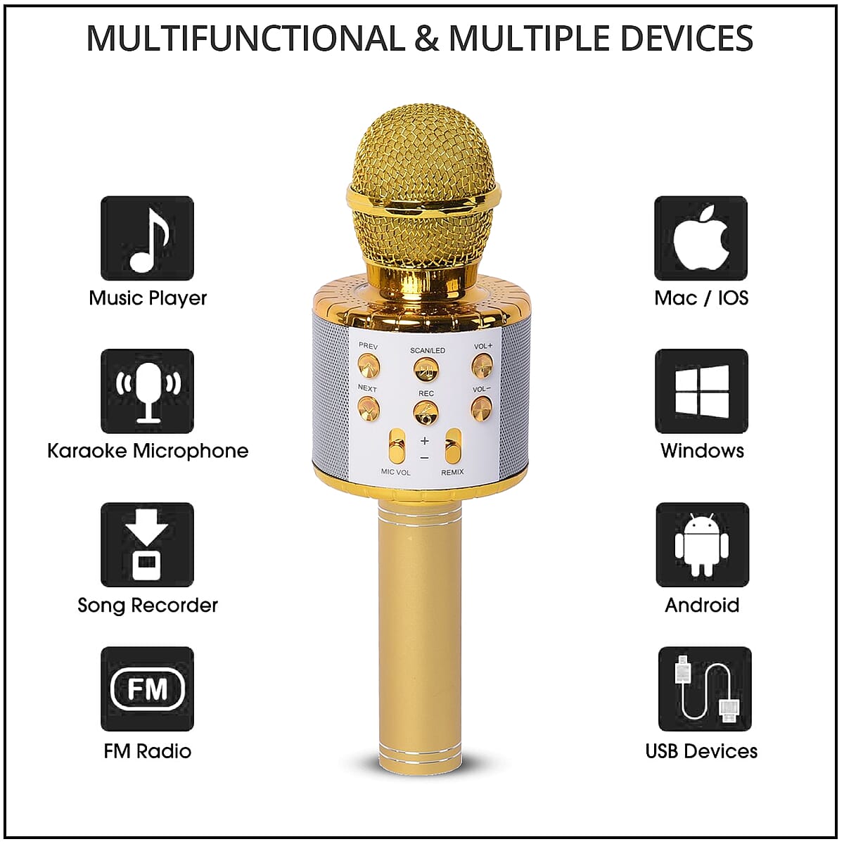 Gold Wireless Bluetooth Karaoke Microphone with LED Lights and USB Charger image number 2