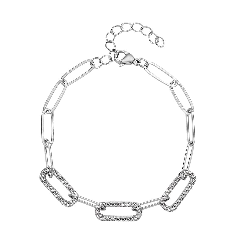 Austrian Crystal Paper Clip Bracelet in Stainless Steel (7.50-9.50In)