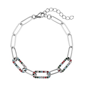 Multi Color Austrian Crystal Paper Clip Bracelet in Stainless Steel (7.50-9.50In) , Tarnish-Free, Waterproof, Sweat Proof Jewelry