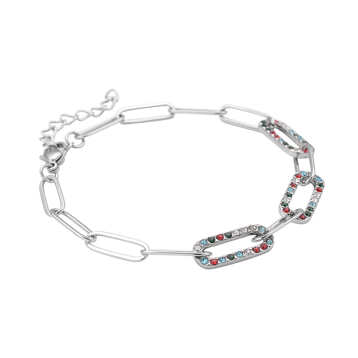 Multi Color Austrian Crystal Paper Clip Bracelet in Stainless Steel (7.50-9.50In) , Tarnish-Free, Waterproof, Sweat Proof Jewelry image number 2
