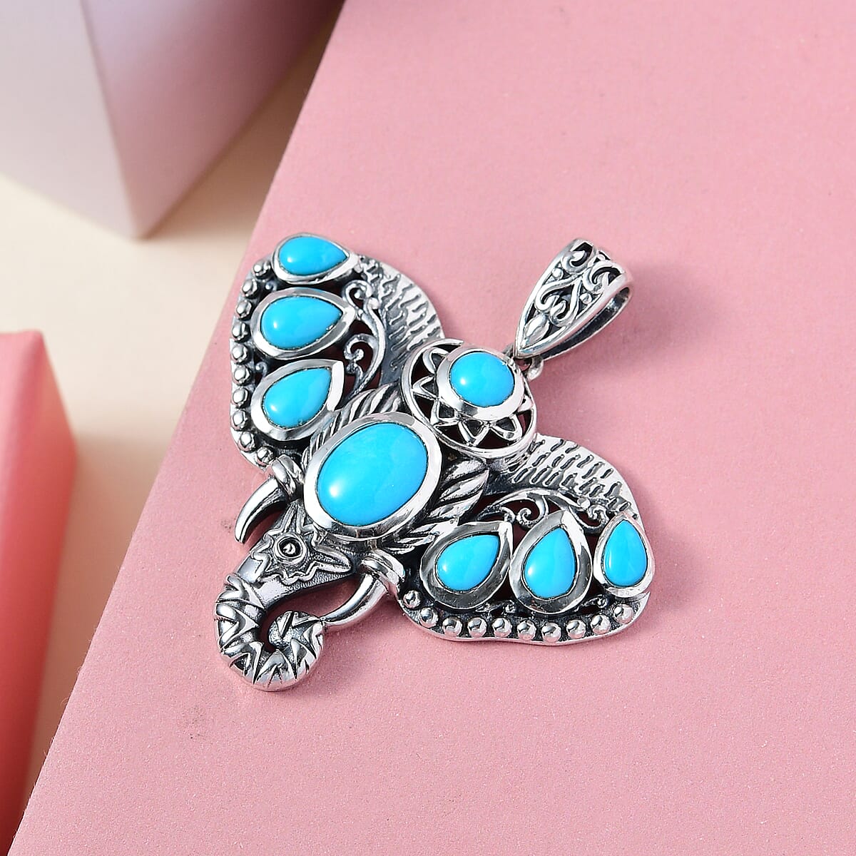 Artisan Crafted Premium Sleeping Beauty Turquoise Elephant Head Pendant in Sterling Silver 4.10 ctw image number 1
