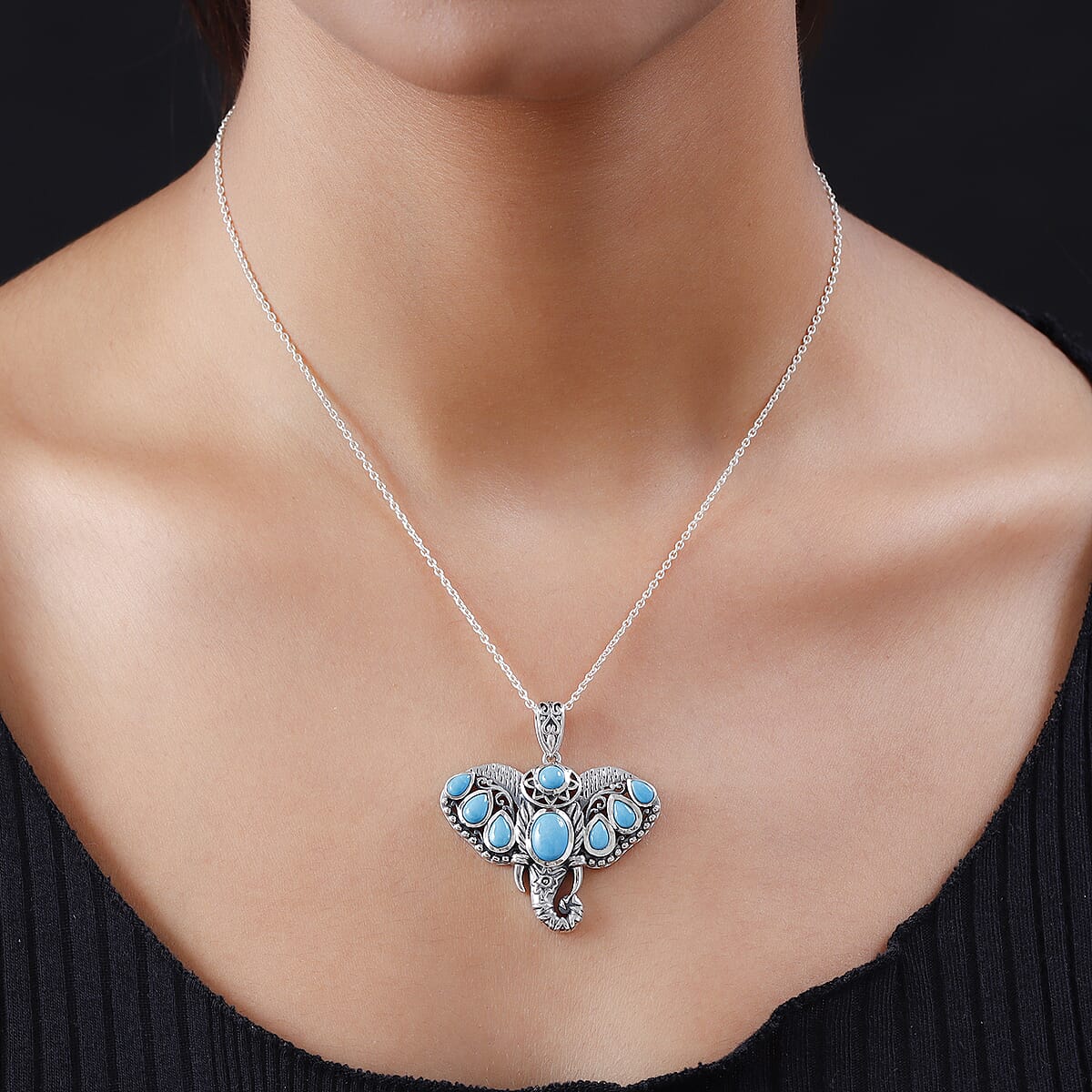 Artisan Crafted Premium Sleeping Beauty Turquoise Elephant Head Pendant in Sterling Silver 4.10 ctw image number 2