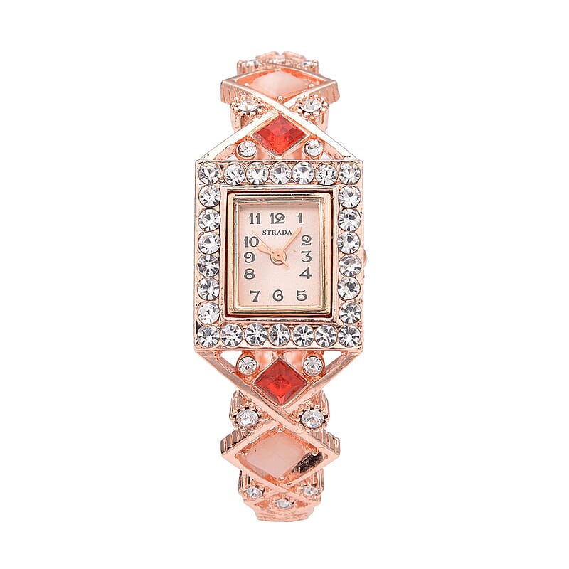 Strada Red and White Austrian Crystal, Simulated Pink Cat's Eye Japanese Movement Bangle Bracelet (6.5-7 In) Watch in Rosetone (26.40 mm) 0.50 ctw