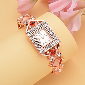 Strada Red and White Austrian Crystal, Simulated Pink Cat's Eye Japanese Movement Bangle Bracelet (6.5-7 In) Watch in Rosetone (26.40 mm) 0.50 ctw