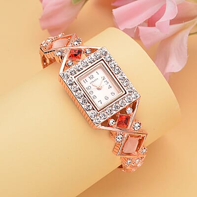 Strada Red and White Austrian Crystal, Simulated Pink Cat's Eye Japanese Movement Bangle Bracelet (6.5-7 In) Watch in Rosetone (26.40 mm) 0.50 ctw