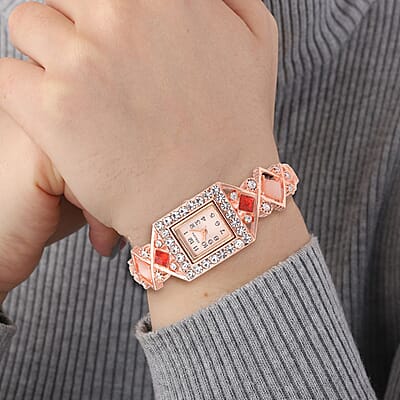 Strada Red and White Austrian Crystal, Simulated Pink Cat's Eye Japanese Movement Bangle Bracelet (6.5-7 In) Watch in Rosetone (26.40 mm) 0.50 ctw