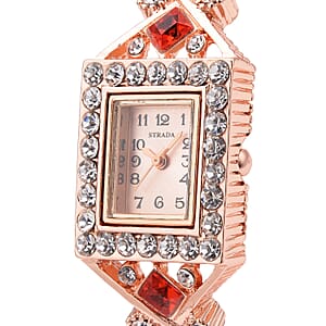 Strada Red and White Austrian Crystal, Simulated Pink Cat's Eye Japanese Movement Bangle Bracelet (6.5-7 In) Watch in Rosetone (26.40 mm) 0.50 ctw