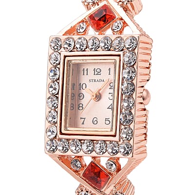Strada Red and White Austrian Crystal, Simulated Pink Cat's Eye Japanese Movement Bangle Bracelet (6.5-7 In) Watch in Rosetone (26.40 mm) 0.50 ctw