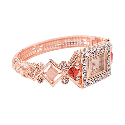 Strada Red and White Austrian Crystal, Simulated Pink Cat's Eye Japanese Movement Bangle Bracelet (6.5-7 In) Watch in Rosetone (26.40 mm) 0.50 ctw