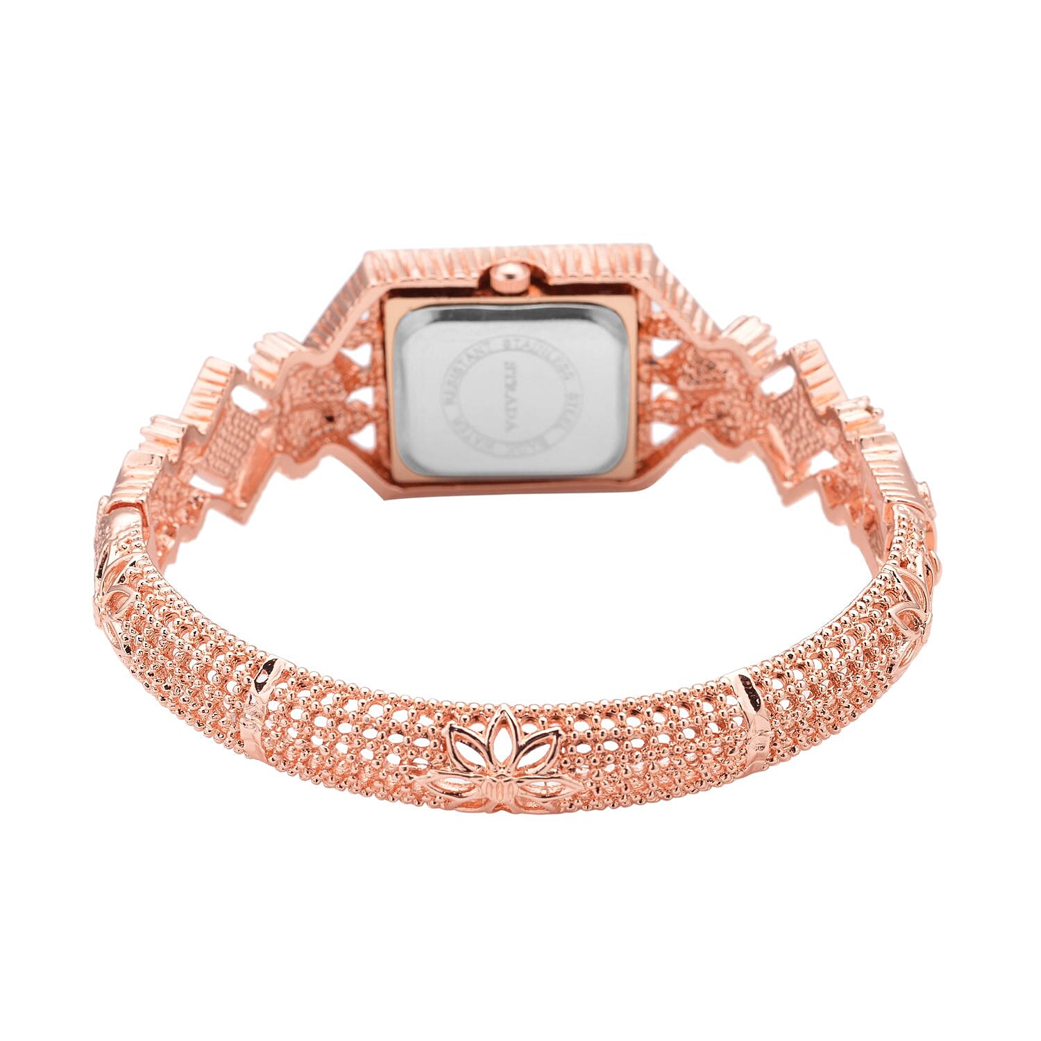 Strada Red and White Austrian Crystal, Simulated Pink Cat's Eye Japanese Movement Bangle Bracelet (6.5-7 In) Watch in Rosetone (26.40 mm) 0.50 ctw
