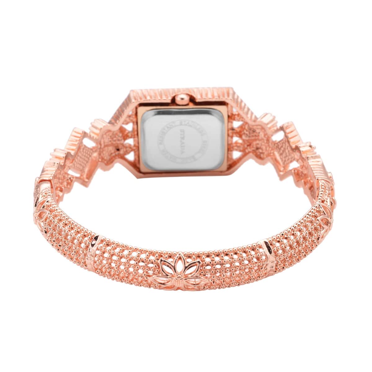 Strada Red and White Austrian Crystal, Simulated Pink Cat's Eye Japanese Movement Bangle Bracelet (6.5-7 In) Watch in Rosetone (26.40 mm) 0.50 ctw image number 5