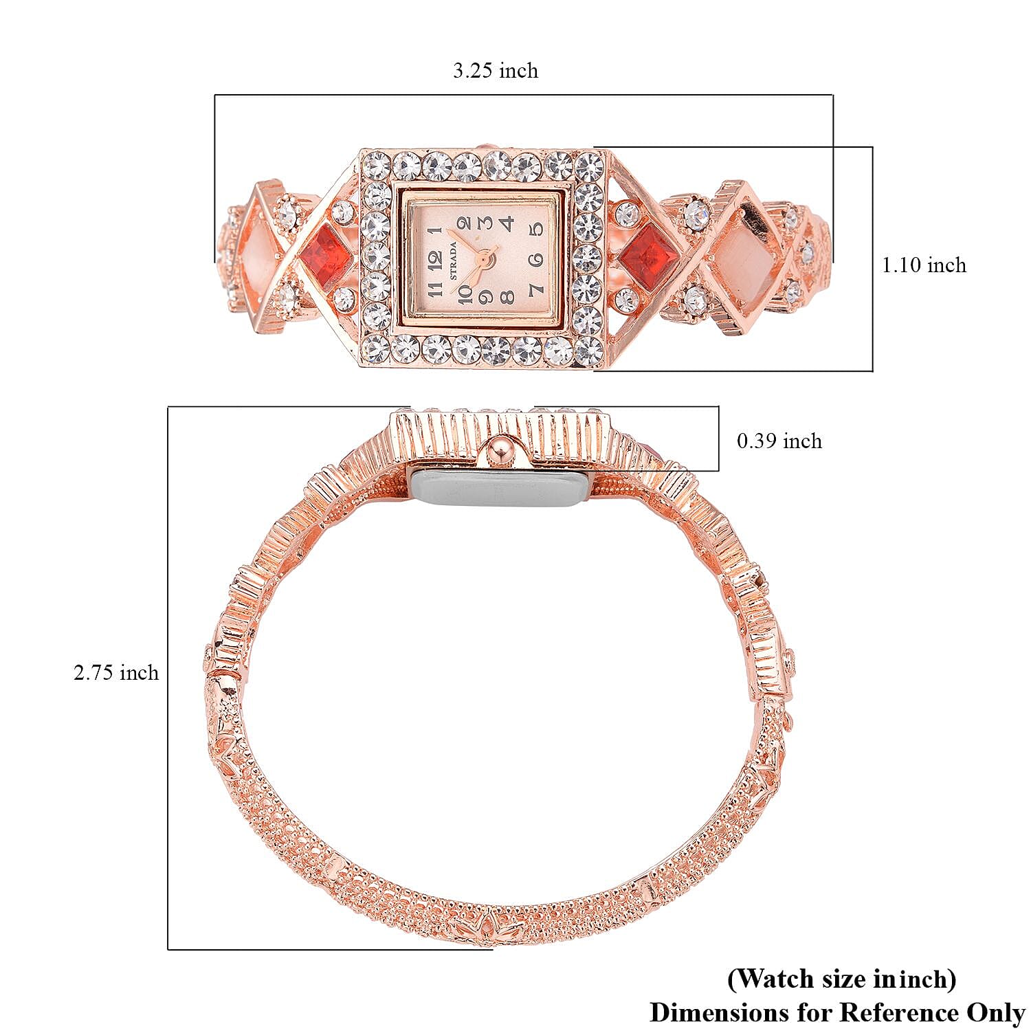 Strada Red and White Austrian Crystal, Simulated Pink Cat's Eye Japanese Movement Bangle Bracelet (6.5-7 In) Watch in Rosetone (26.40 mm) 0.50 ctw