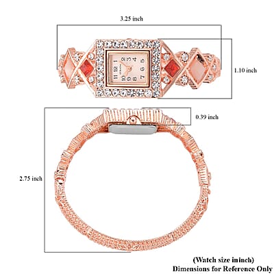 Strada Red and White Austrian Crystal, Simulated Pink Cat's Eye Japanese Movement Bangle Bracelet (6.5-7 In) Watch in Rosetone (26.40 mm) 0.50 ctw