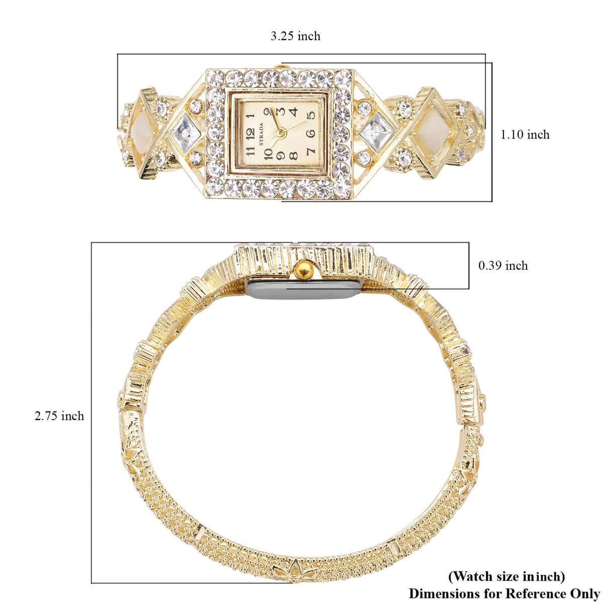 Strada White Austrian Crystal, Simulated White Cat's Eye Japanese Movement Bangle Bracelet (6.5-7 In) Watch in Goldtone (26.40 mm) 0.50 ctw image number 6