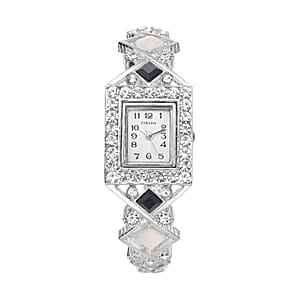 Strada Black and White Austrian Crystal, Simulated White Cat's Eye Japanese Movement Bangle Bracelet (6.5-7 In) Watch in Silvertone (26.40 mm) 0.50 ctw