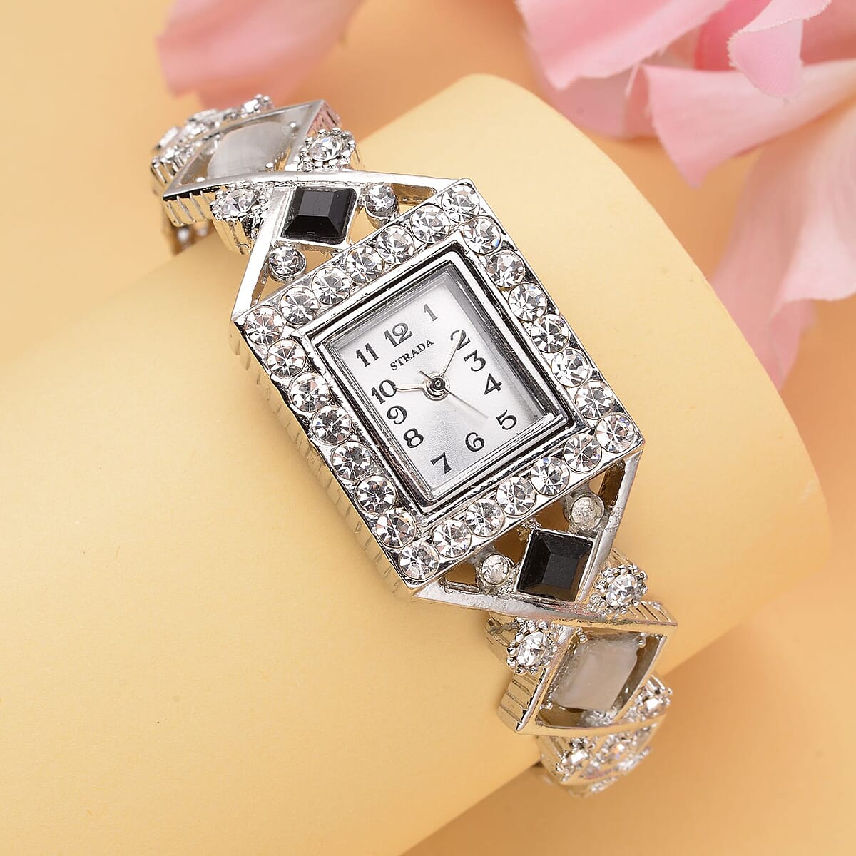 Strada Black and White Austrian Crystal, Simulated White Cat's Eye Japanese Movement Bangle Bracelet (6.5-7 In) Watch in Silvertone (26.40 mm) 0.50 ctw image number 1