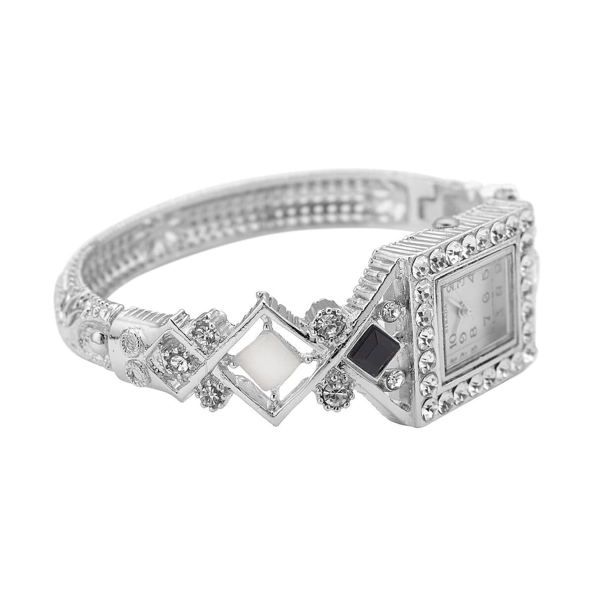 Strada Black and White Austrian Crystal, Simulated White Cat's Eye Japanese Movement Bangle Bracelet (6.5-7 In) Watch in Silvertone (26.40 mm) 0.50 ctw image number 4