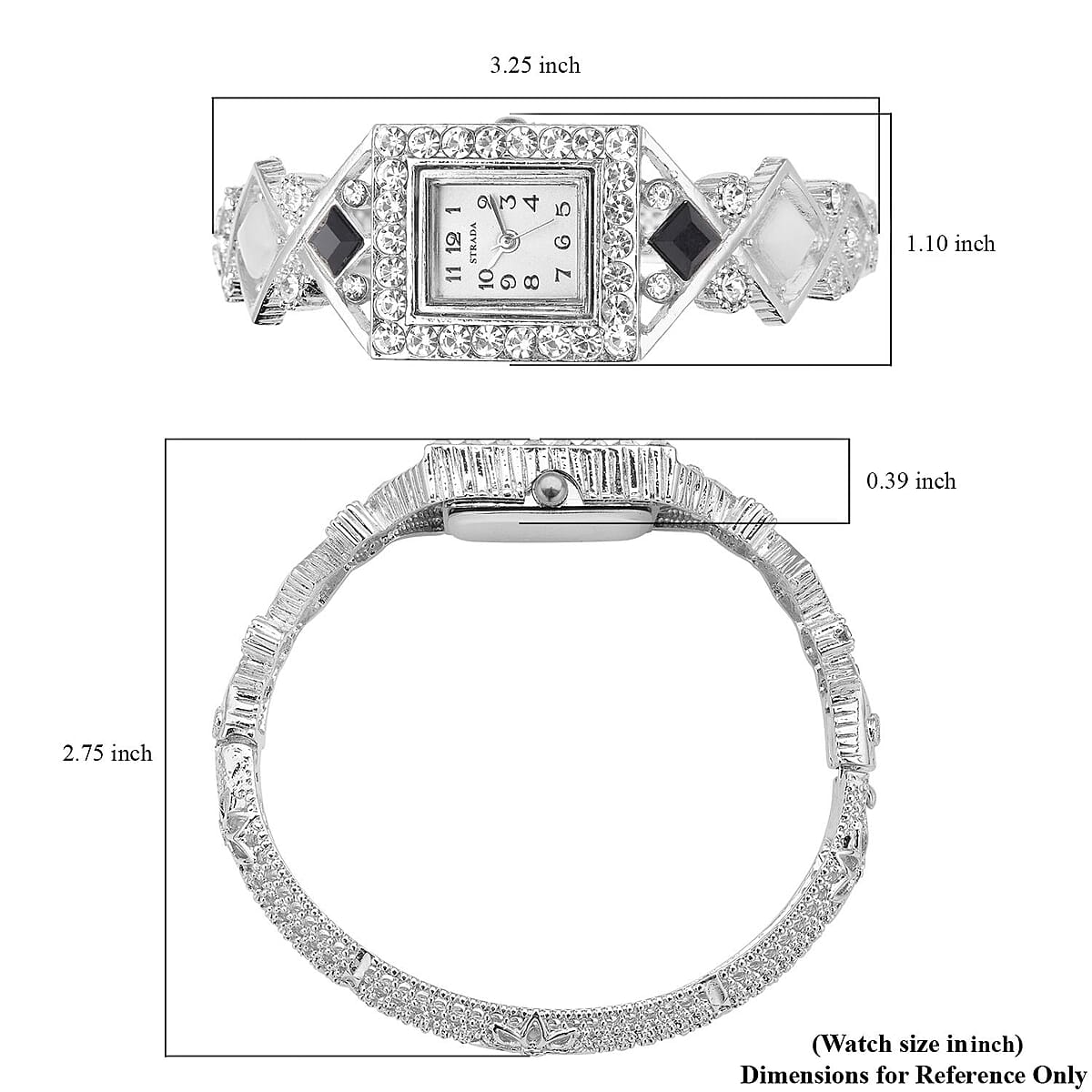 Strada Black and White Austrian Crystal, Simulated White Cat's Eye Japanese Movement Bangle Bracelet (6.5-7 In) Watch in Silvertone (26.40 mm) 0.50 ctw image number 6