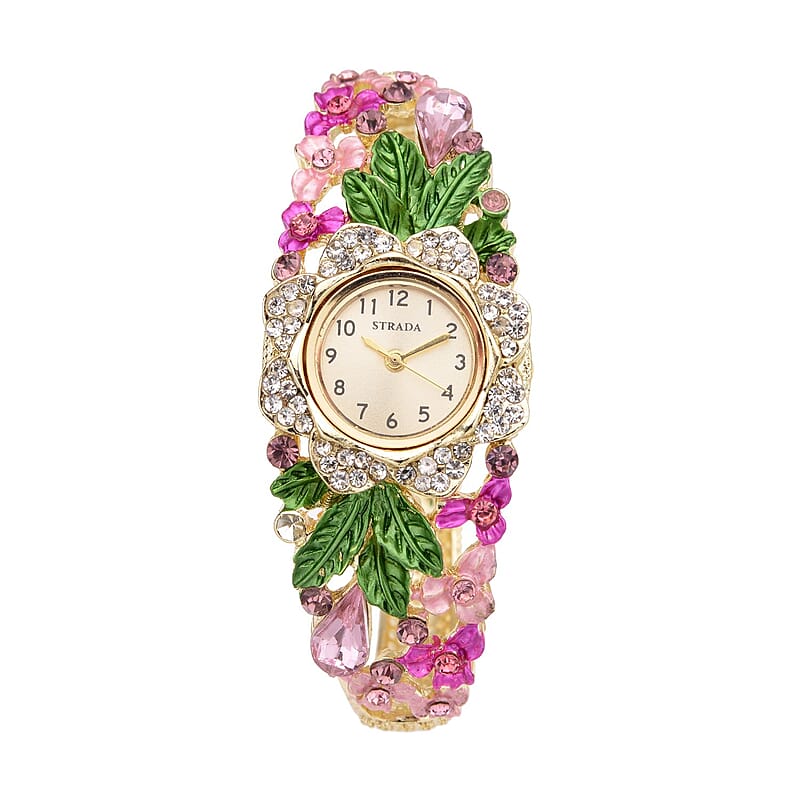 Strada Japanese Movement Multi Color Crystal and Pink Glass Floral & Leaves Pattern Bangle Bracelet  (6.5-7 In) Watch in Goldtone (26.67mm)