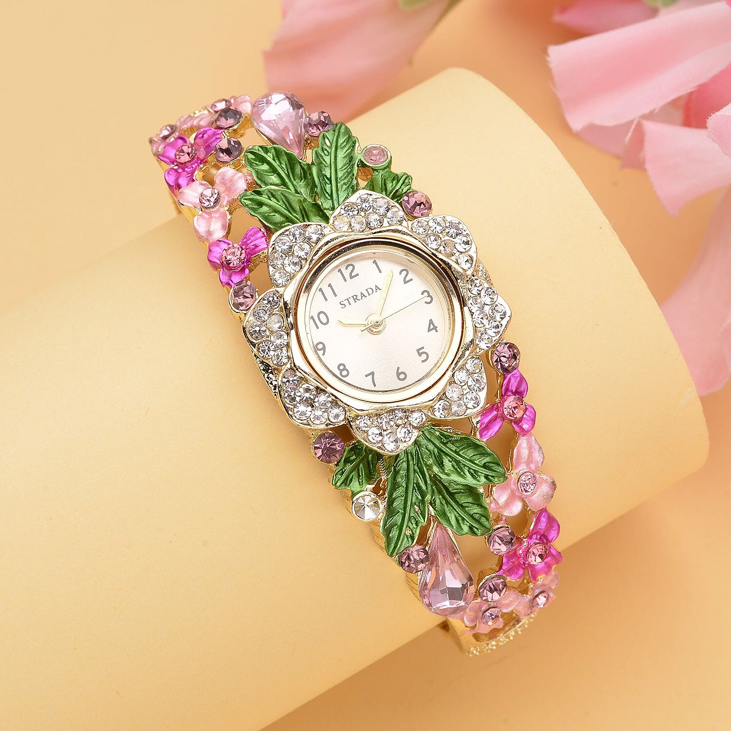 Strada Japanese Movement Multi Color Crystal and Pink Glass Floral & Leaves Pattern Bangle Bracelet  (6.5-7 In) Watch in Goldtone (26.67mm)