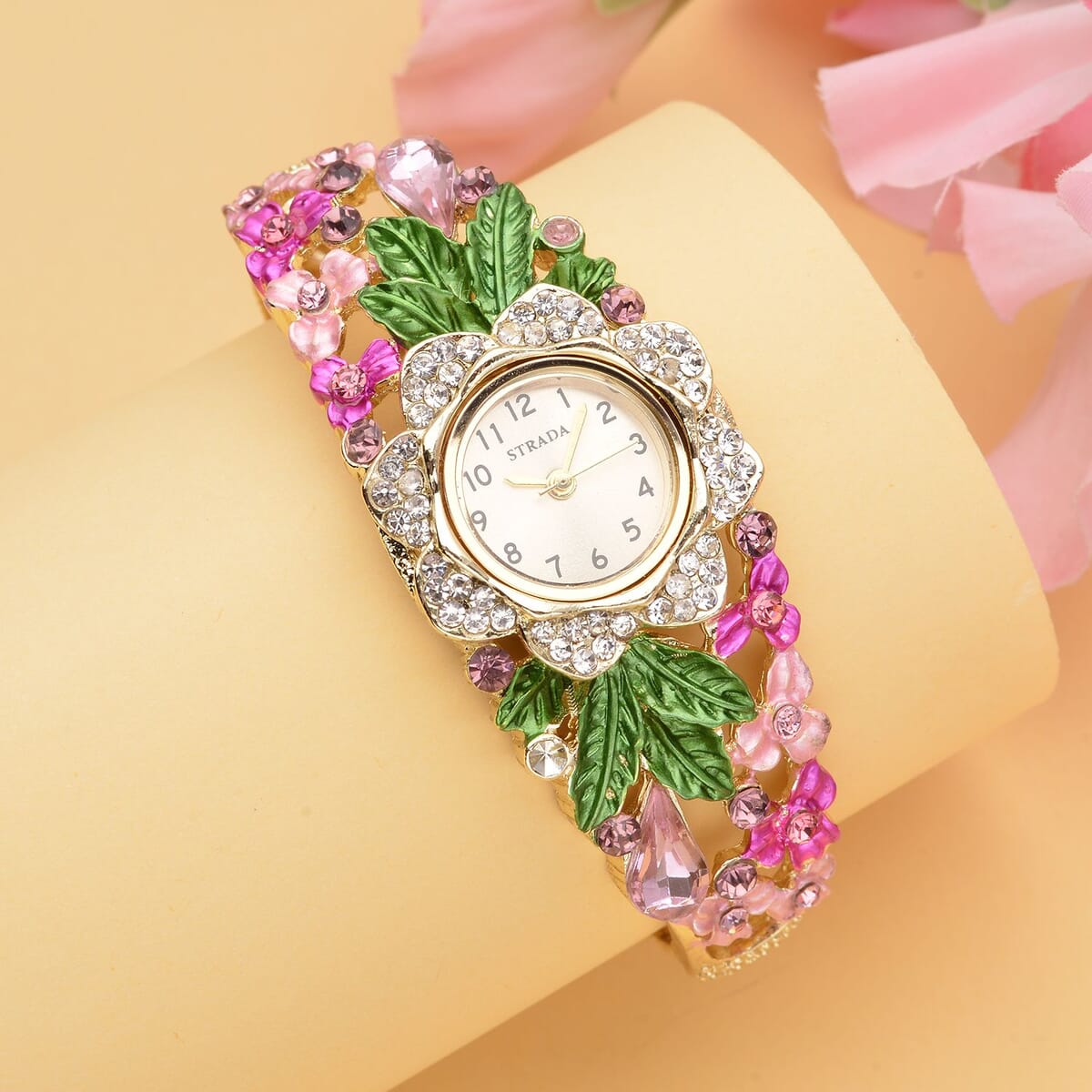 Strada Japanese Movement Multi Color Crystal, Pink Glass Floral & Leaves Pattern Bangle Bracelet (6.5-7 In) Watch in Goldtone (26.67mm) image number 1