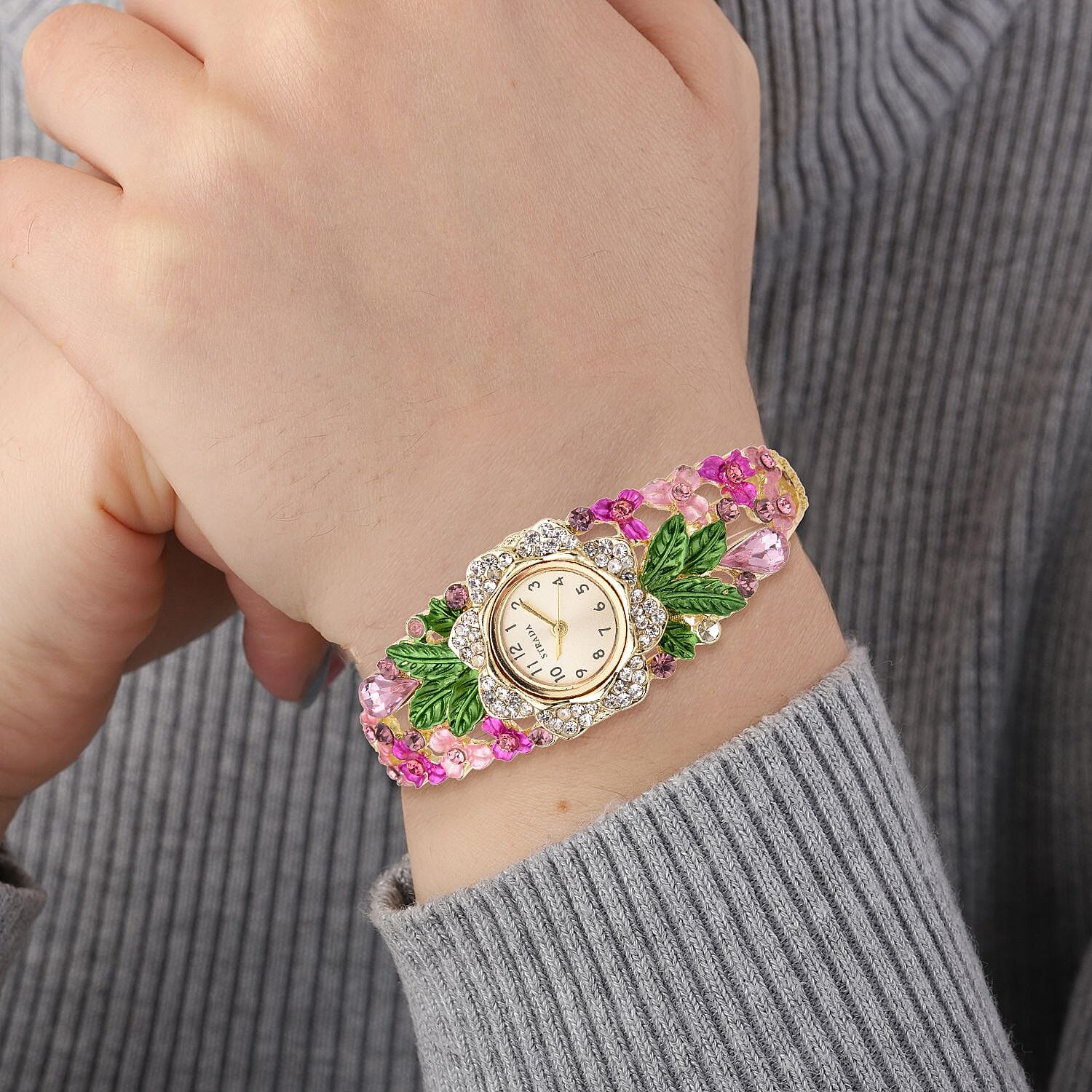 Strada Japanese Movement Multi Color Crystal and Pink Glass Floral & Leaves Pattern Bangle Bracelet  (6.5-7 In) Watch in Goldtone (26.67mm)