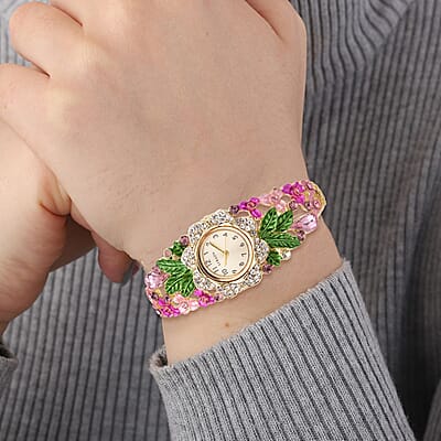Strada Japanese Movement Multi Color Crystal and Pink Glass Floral & Leaves Pattern Bangle Bracelet  (6.5-7 In) Watch in Goldtone (26.67mm)