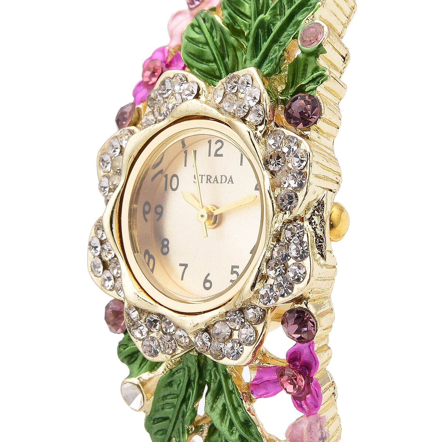 Strada Japanese Movement Multi Color Crystal and Pink Glass Floral & Leaves Pattern Bangle Bracelet  (6.5-7 In) Watch in Goldtone (26.67mm)