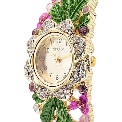 Strada Japanese Movement Multi Color Crystal and Pink Glass Floral & Leaves Pattern Bangle Bracelet  (6.5-7 In) Watch in Goldtone (26.67mm)