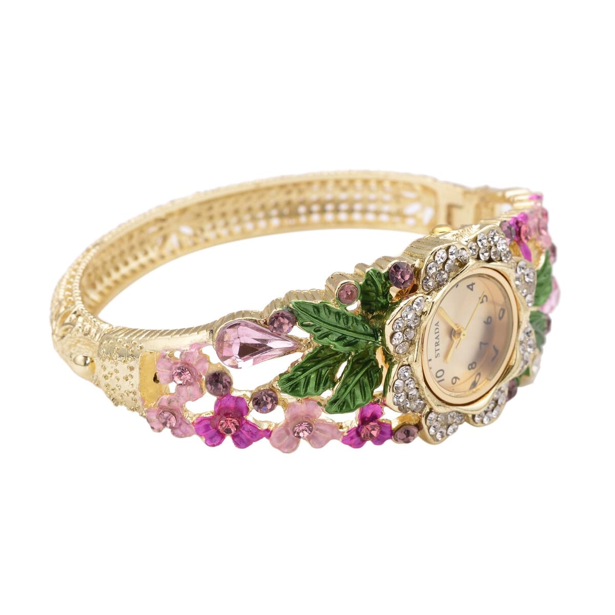 Strada Japanese Movement Multi Color Crystal, Pink Glass Floral & Leaves Pattern Bangle Bracelet (6.5-7 In) Watch in Goldtone (26.67mm) image number 4